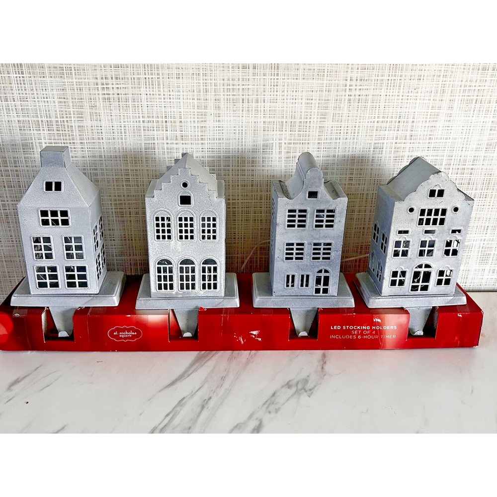 Large Galvanized Metal Stocking Holders Lights Houses Building Christmas 8" x 5"